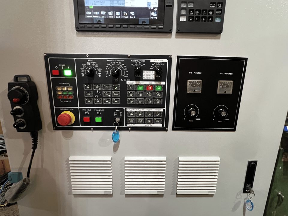 Rebuilt CNC router control panel with emergency stop, feedrate override and dual router controls